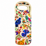 A wine cooler bag  featuring a vibrant, colorful folk-art style print of birds, flowers, and leaves, shown against a plain white background.
