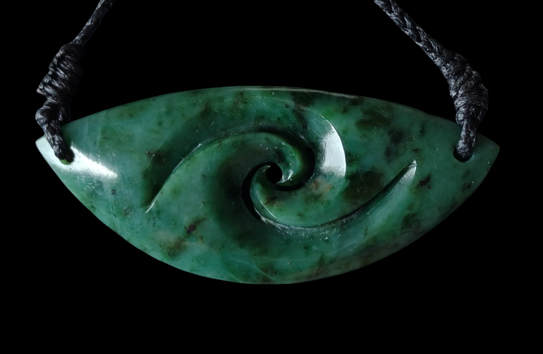 NZ Greenstone Oval Koru Design 84mm #21B Main image