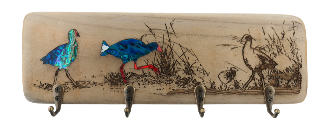 NZ Made Wood & Paua Keyholder - Pukeko Main image