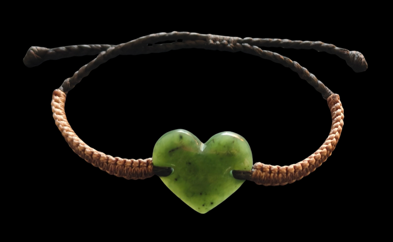NZ Pounamu Greenstone Heart Cord Bracelet #09D