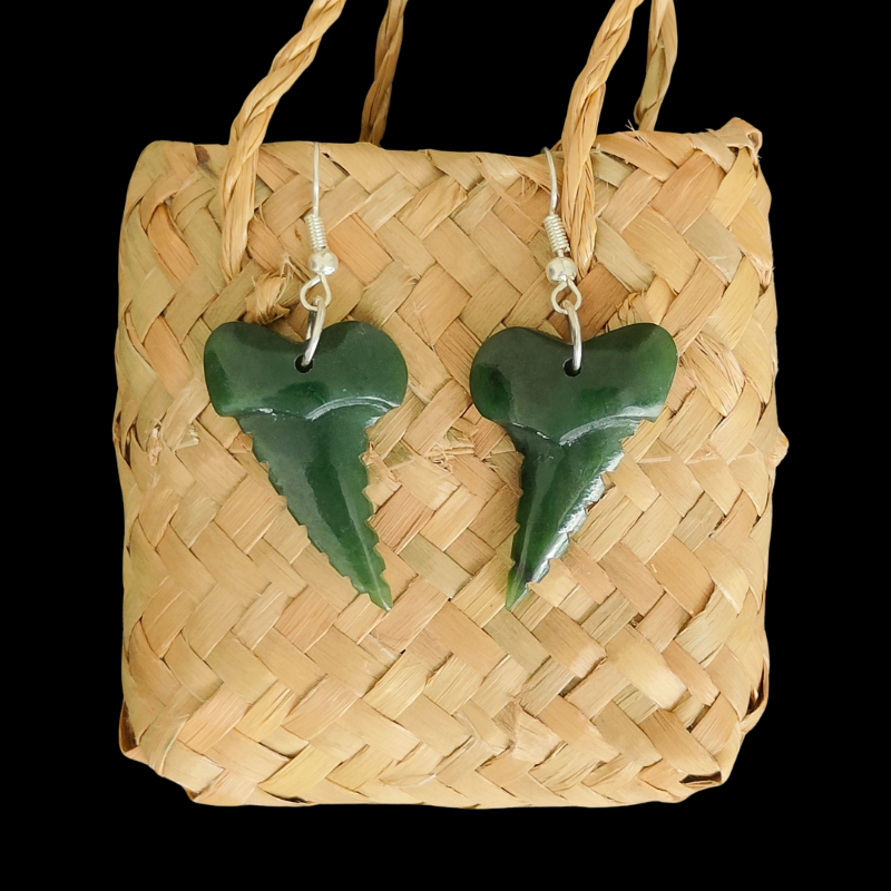 NZ Greenstone Shark Tooth Earrings 33mm #80 Main image