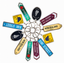 A set of New Zealand-themed road sign keychains arranged in a circular cluster on a white background. The keychains feature various stylized street signs including 'Kiwi Street', 'New Zealand', 'Kiwi Crossing 5min', and 'New Zealand 1200 m' in different colors with silver metal keyrings.