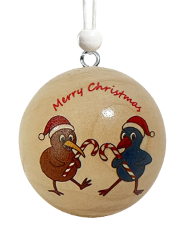Christmas Bauble - Wood - Dancing Kiwi & Pukeko Main image