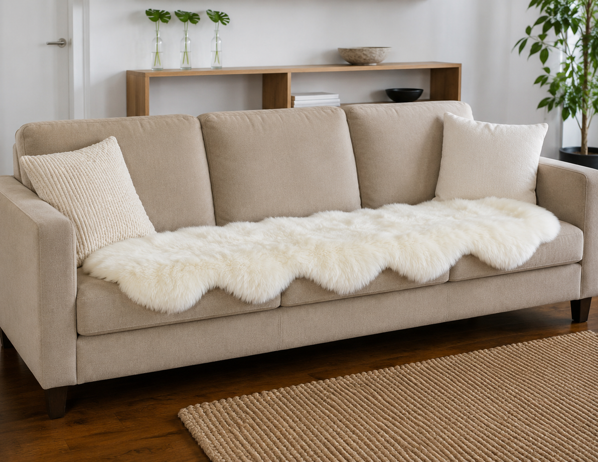 A beige upholstered sofa in a bright living room, styled with two cream throw pillows and a fluffy white sheepskin-style seat cushion. A wooden shelf, plant, and woven rug are visible in the background.
