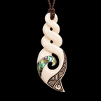 Twist knot pendant with paua shell on a black background