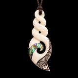 Twist knot pendant with paua shell on a black background