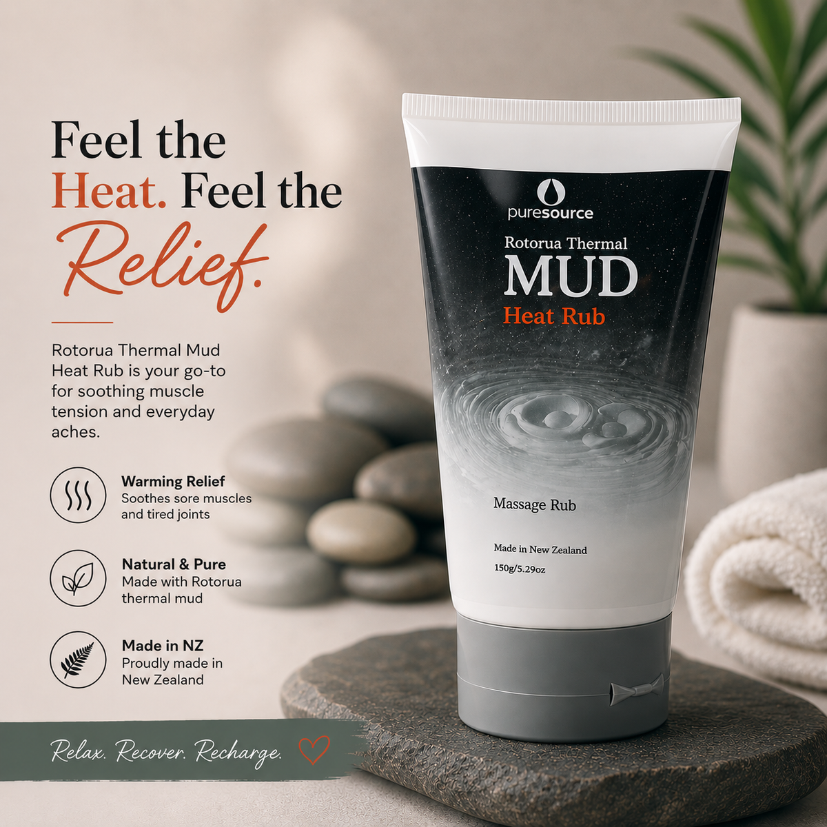 Rotorua Thermal Mud Heat Rub tube with branding and product details on a blurred background.