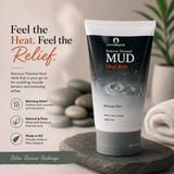 Rotorua Thermal Mud Heat Rub tube with branding and product details on a blurred background.