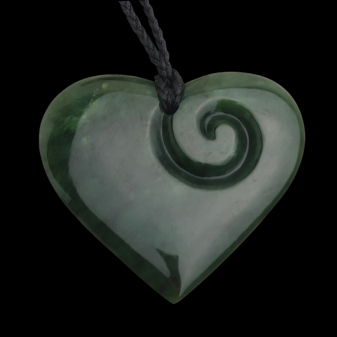 NZ Greenstone Large Heart Koru - 60mm - Ewan Parker - #127 Secondary image