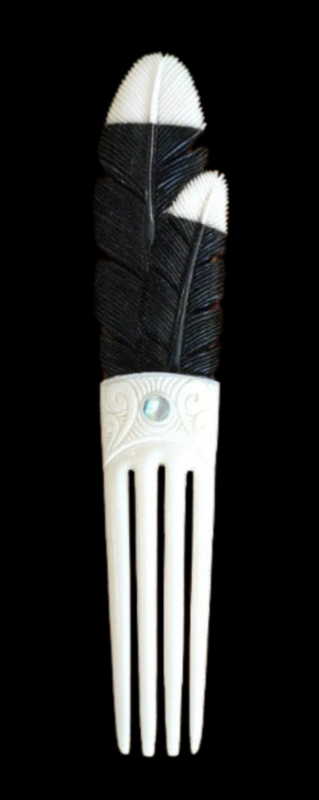 Heru Bone Double Huia Feathers - Comb Hair Piece #06