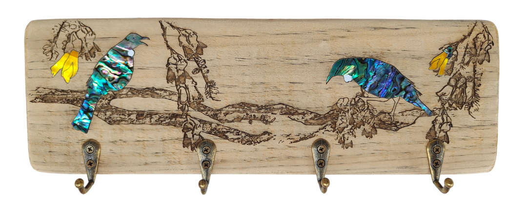 NZ Made Wood & Paua Keyholder - Tui In The Kowhai Main image