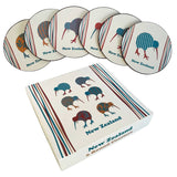 Set of round coasters with kiwi bird design and a matching box on a white background