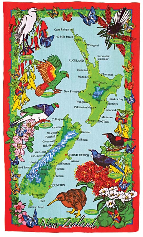 NZ Map and Birds Tea Towel Main image