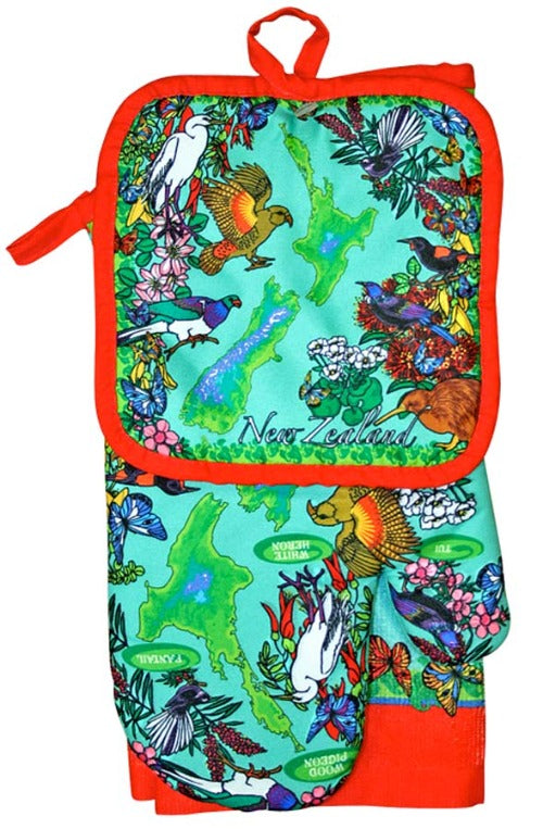 Hand Towel, Pot Holder and Oven Glove Set - Map & Birds