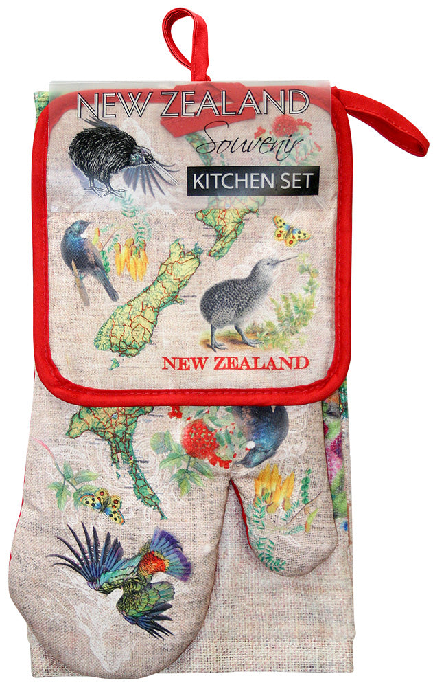 Hand Towel, Pot Holder and Oven Glove Set - Map & Birds Red Border Main image