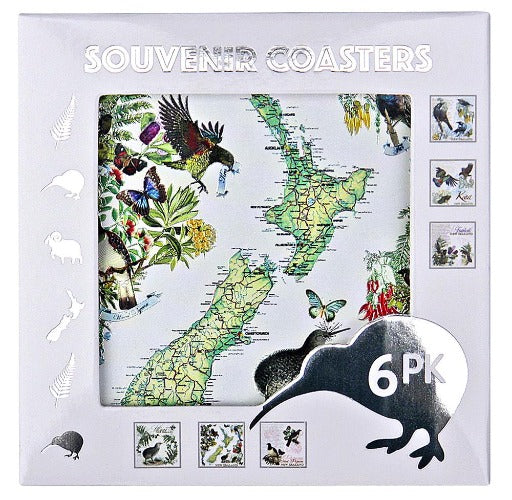 6 Pack NZ Map & Birds Foil Coaster Set Main image