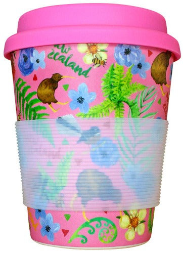 NZ Birds and Flowers - Pink - Bamboo Coffee Cup Main image
