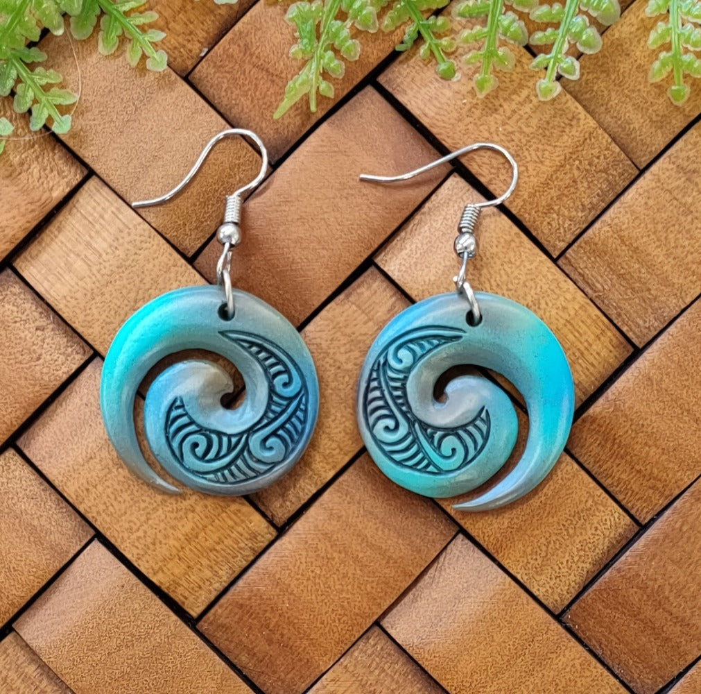 Coloured Bone Carving Koru Earrings #07