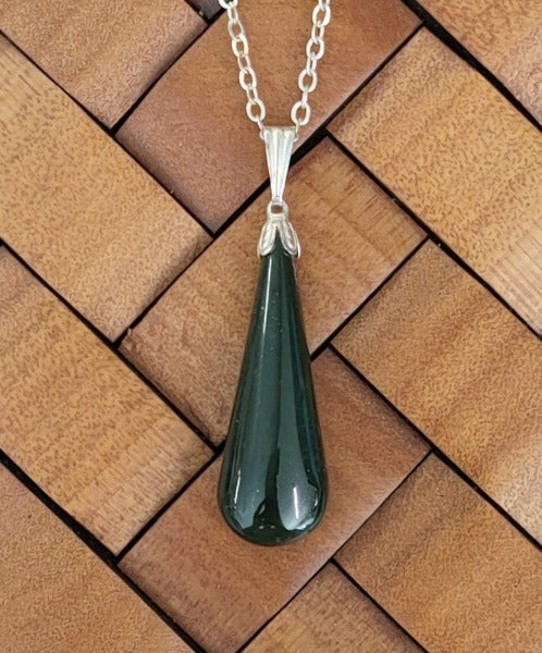 NZ Greenstone Drop Pendant on Stirling Silver chain - 38mm long