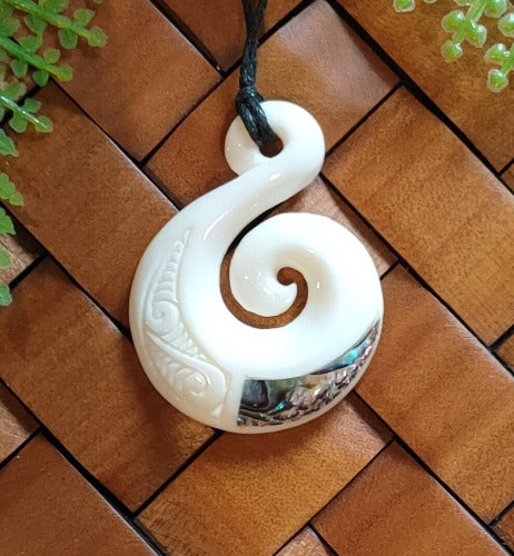 Koru With Paua Bone Carving Pendant #38 Main image
