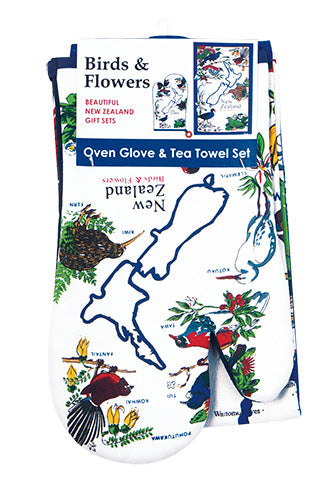 Oven Glove and Tea Towel Set. - Birds and Flowers Main image