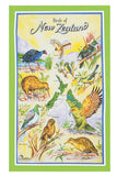 NZ Map And Birds Tea Towel