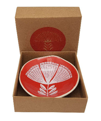 White Pohutukawa Lace On Red - Little Porcelain Dish