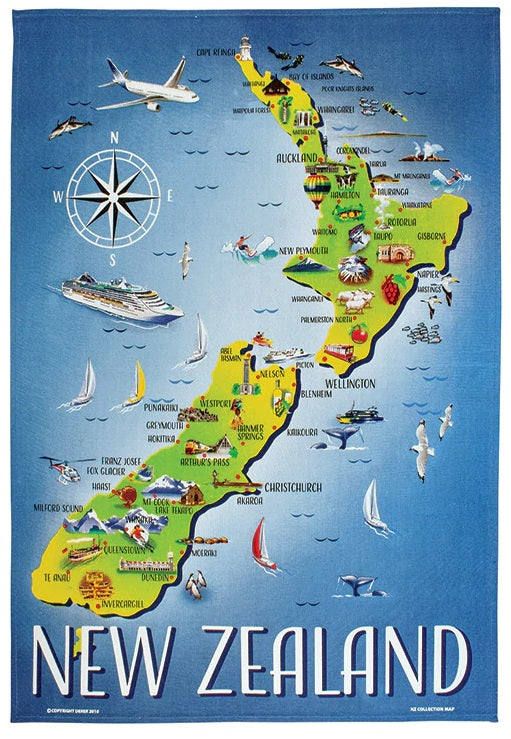 A colorful kitchen towel featuring a map of New Zealand with various symbols and a compass. Main image
